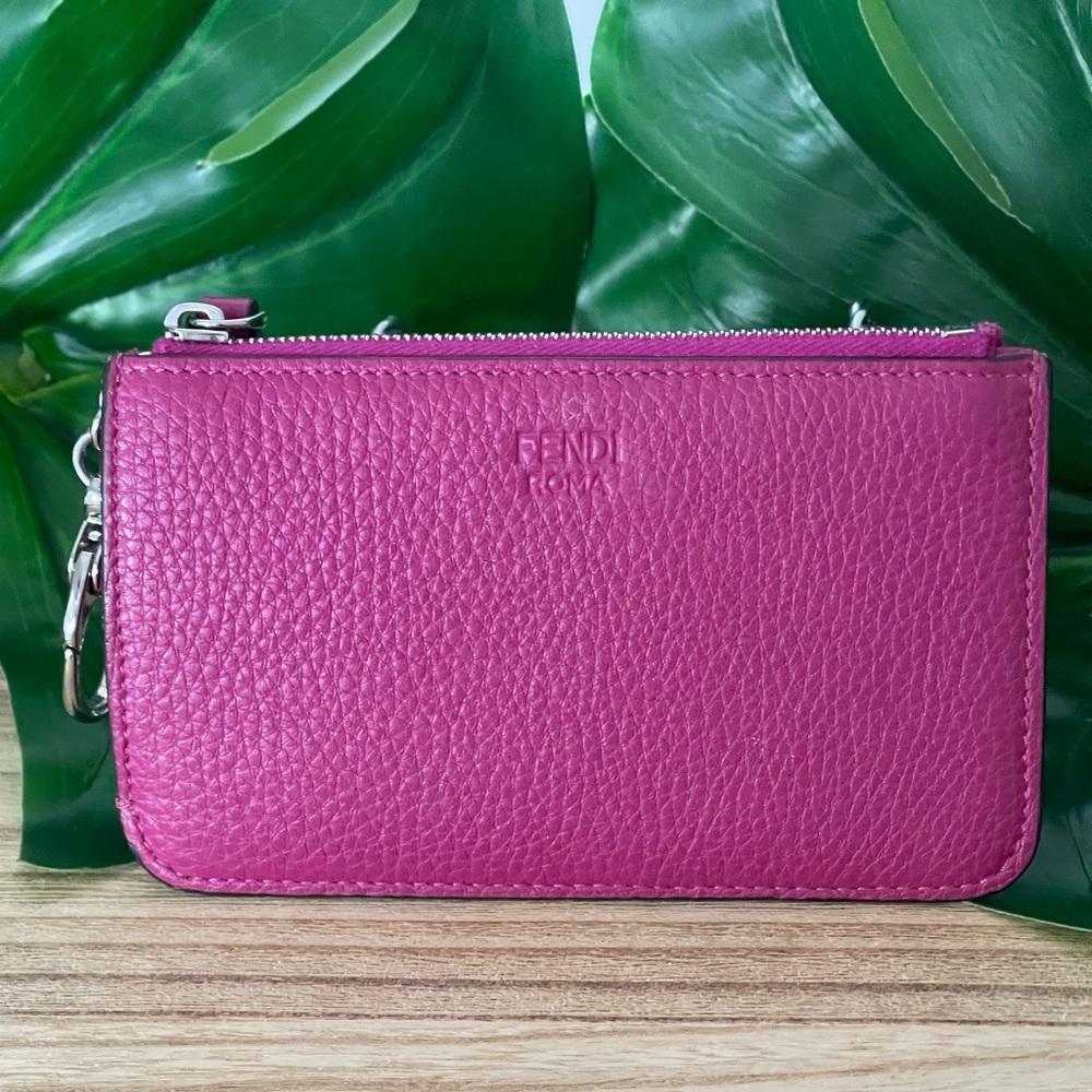 Fendi Fuchsia Leather Card & Coin Wallet with Keychain